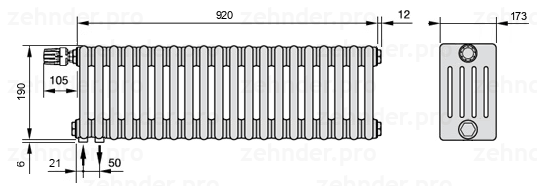 Схема (чертеж) Радиатор Zehnder Charleston 5019/20 №V001 Белый глянцевый RAL 9016